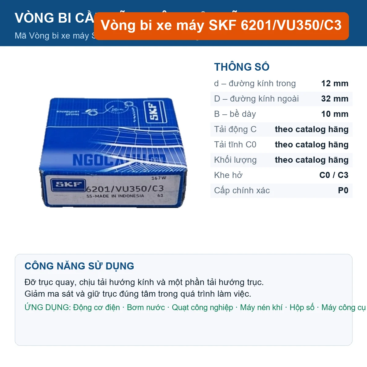 Vòng bi SKF 6201/VU350/C3 12x32x10mm — Ảnh đăng sản phẩm (web)