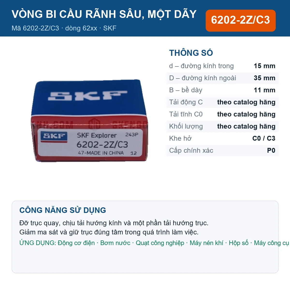 Vòng bi SKF 6202-2Z/C3 — kích thước 15x35x11mm