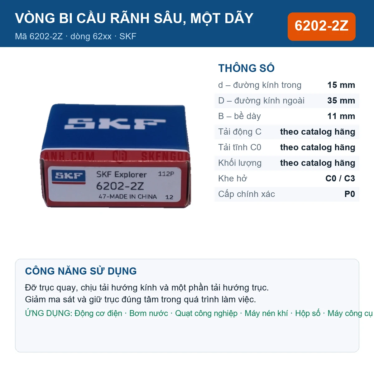 Vòng bi SKF 6202-2Z — kích thước 15x35x11mm