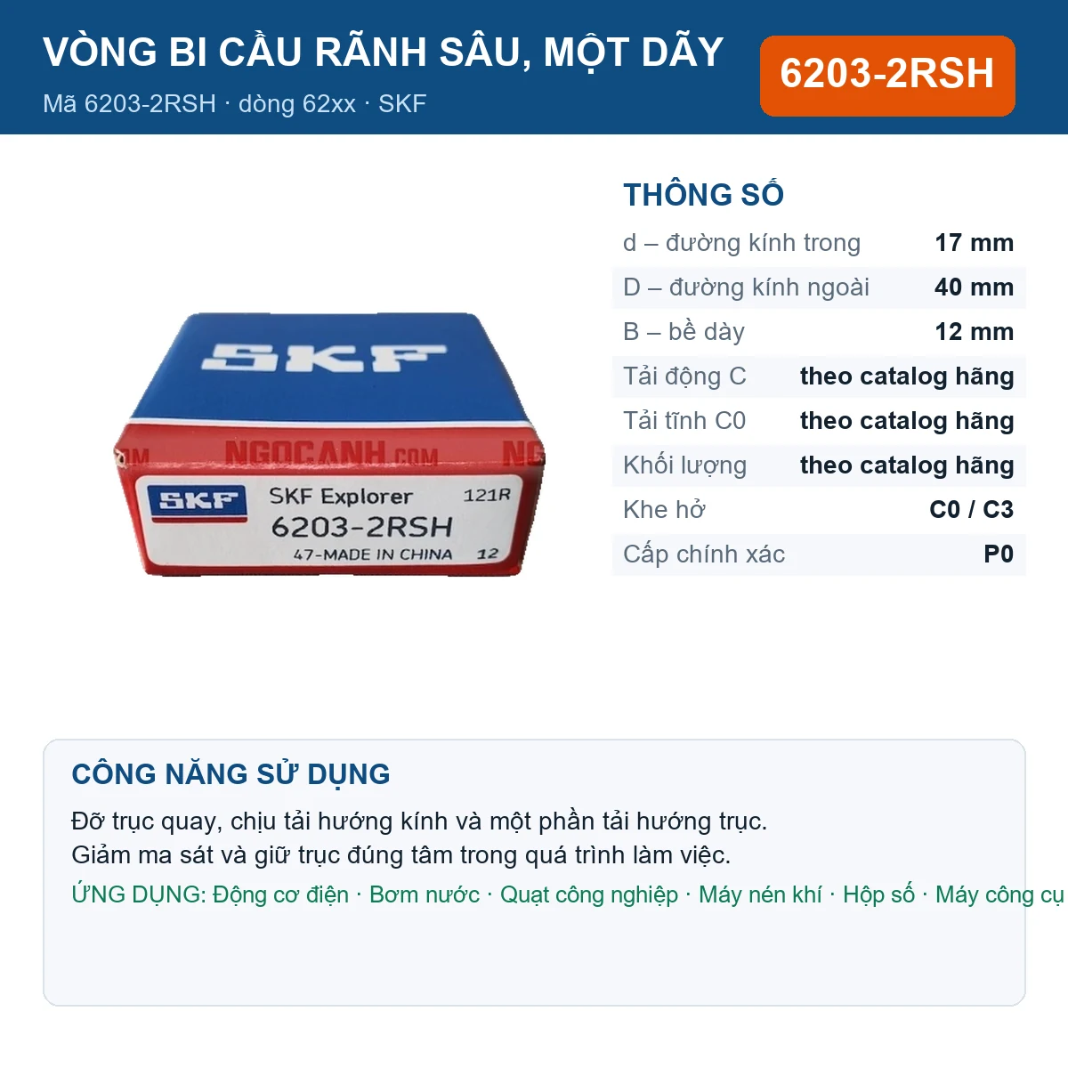 Vòng bi SKF 6203-2RSH — kích thước 17x40x12mm
