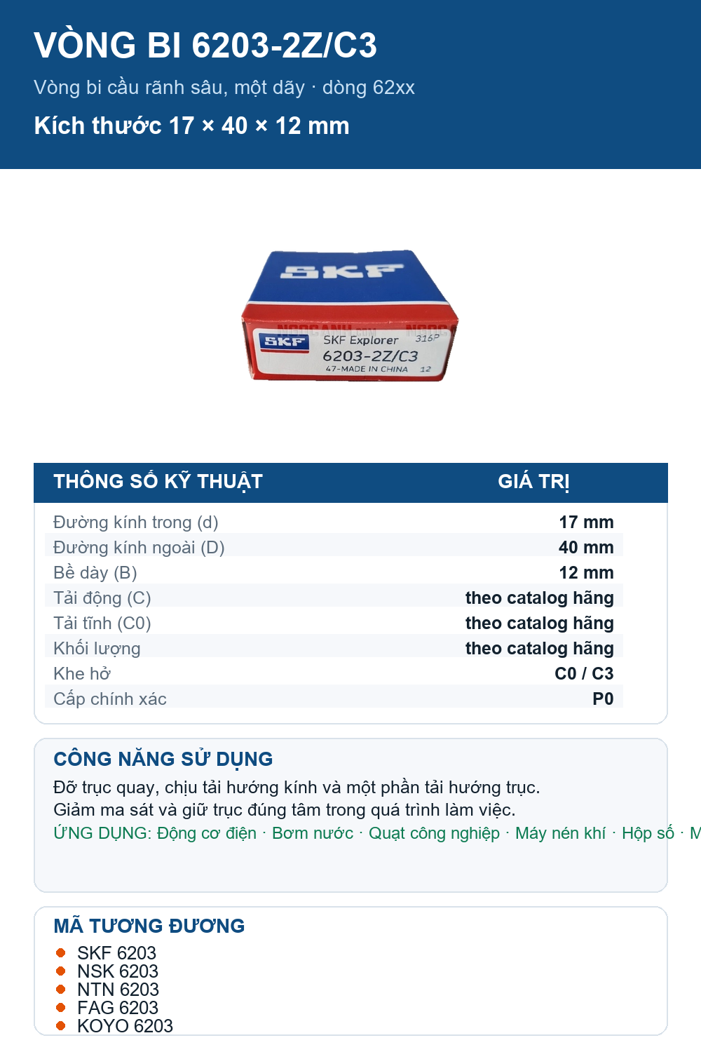 Vòng bi SKF 6203-2Z/C3 17x40x12mm — Ảnh thông số (Pinterest)