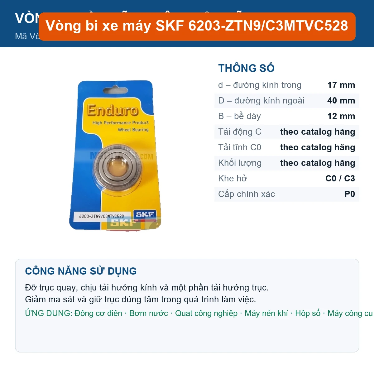 Vòng bi SKF 6203-ZTN9/C3MTVC528 17x40x12mm — Ảnh đăng sản phẩm (web)