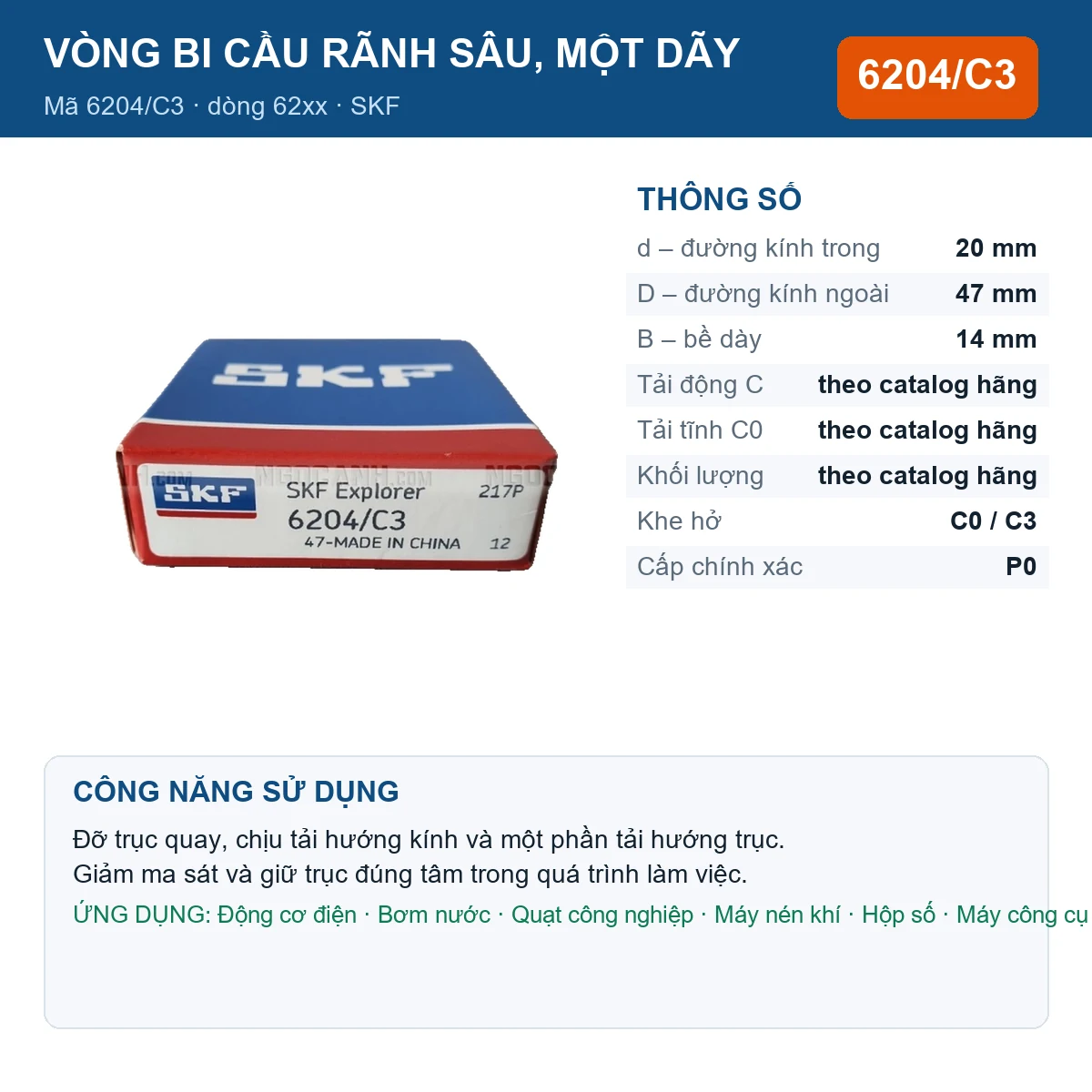 Vòng bi SKF 6204/C3 — kích thước 20x47x14mm