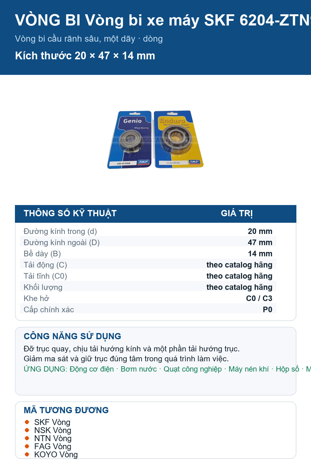Vòng bi SKF 6204-ZTN9/C3MTVC528 20x47x14mm — Ảnh thông số (Pinterest)