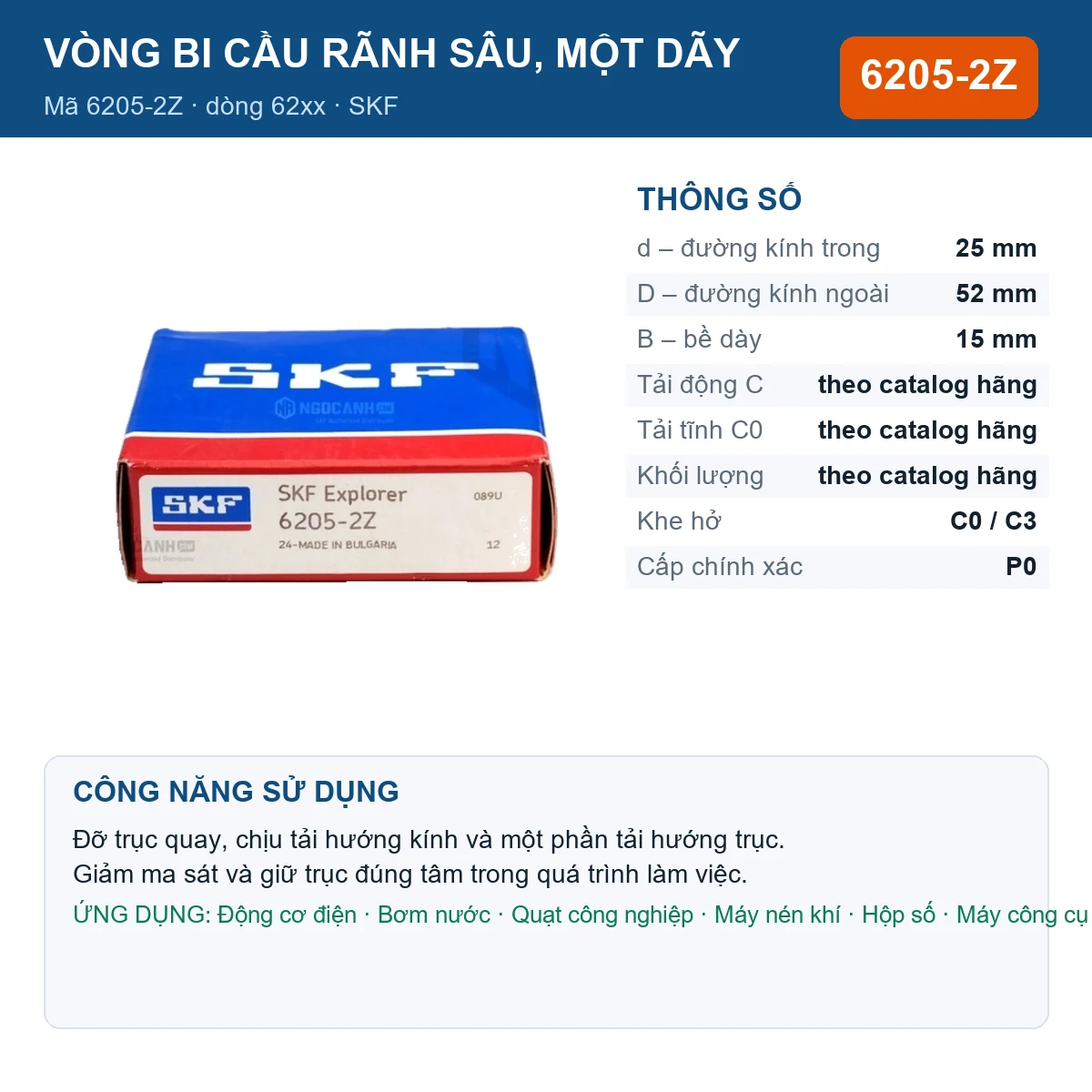 Vòng bi SKF 6205-2Z — kích thước 25x52x15mm