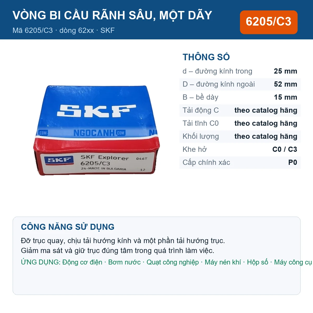 Vòng bi SKF 6205/C3 — kích thước 25x52x15mm