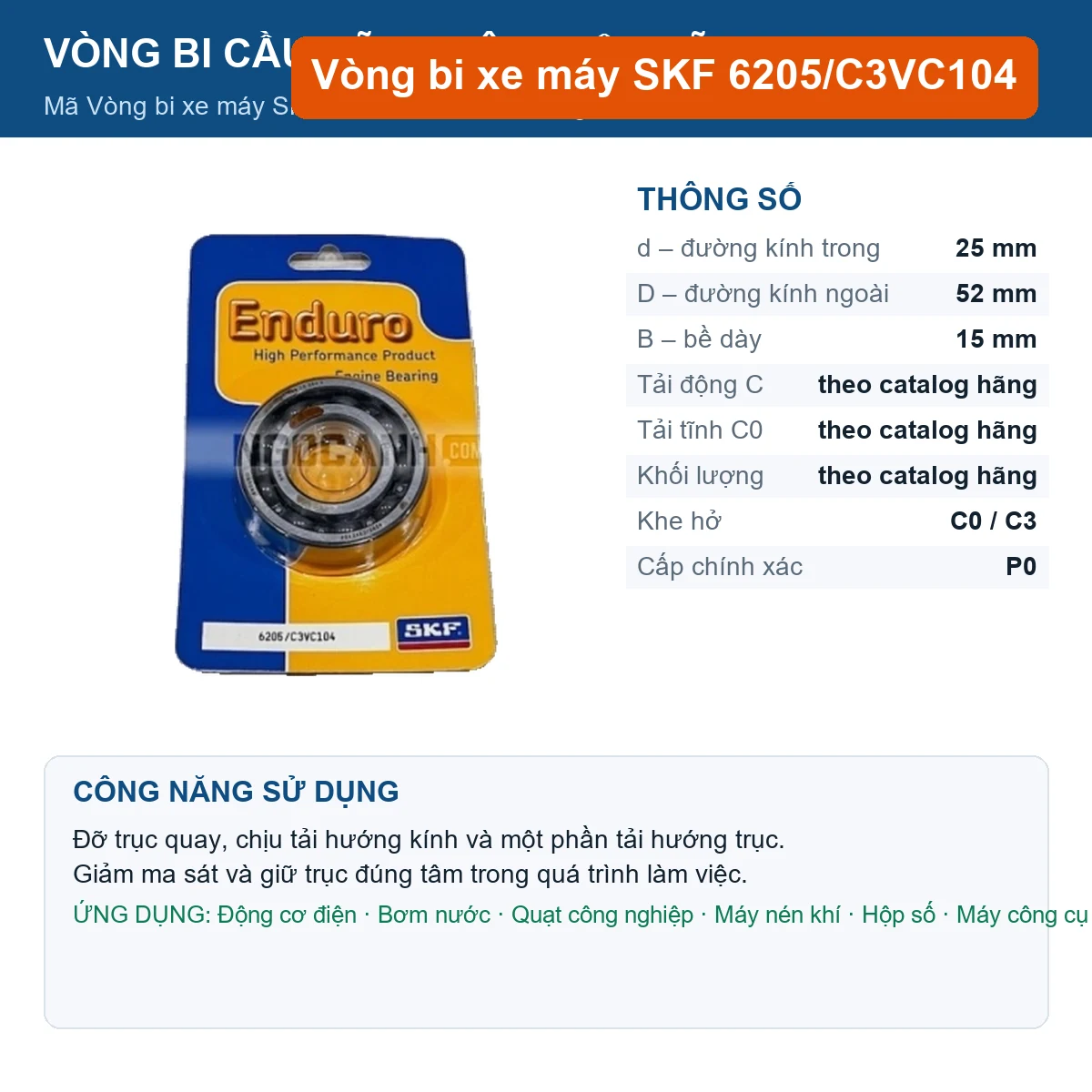 Vòng bi SKF 6205/C3VC104 25x52x15mm — Ảnh đăng sản phẩm (web)