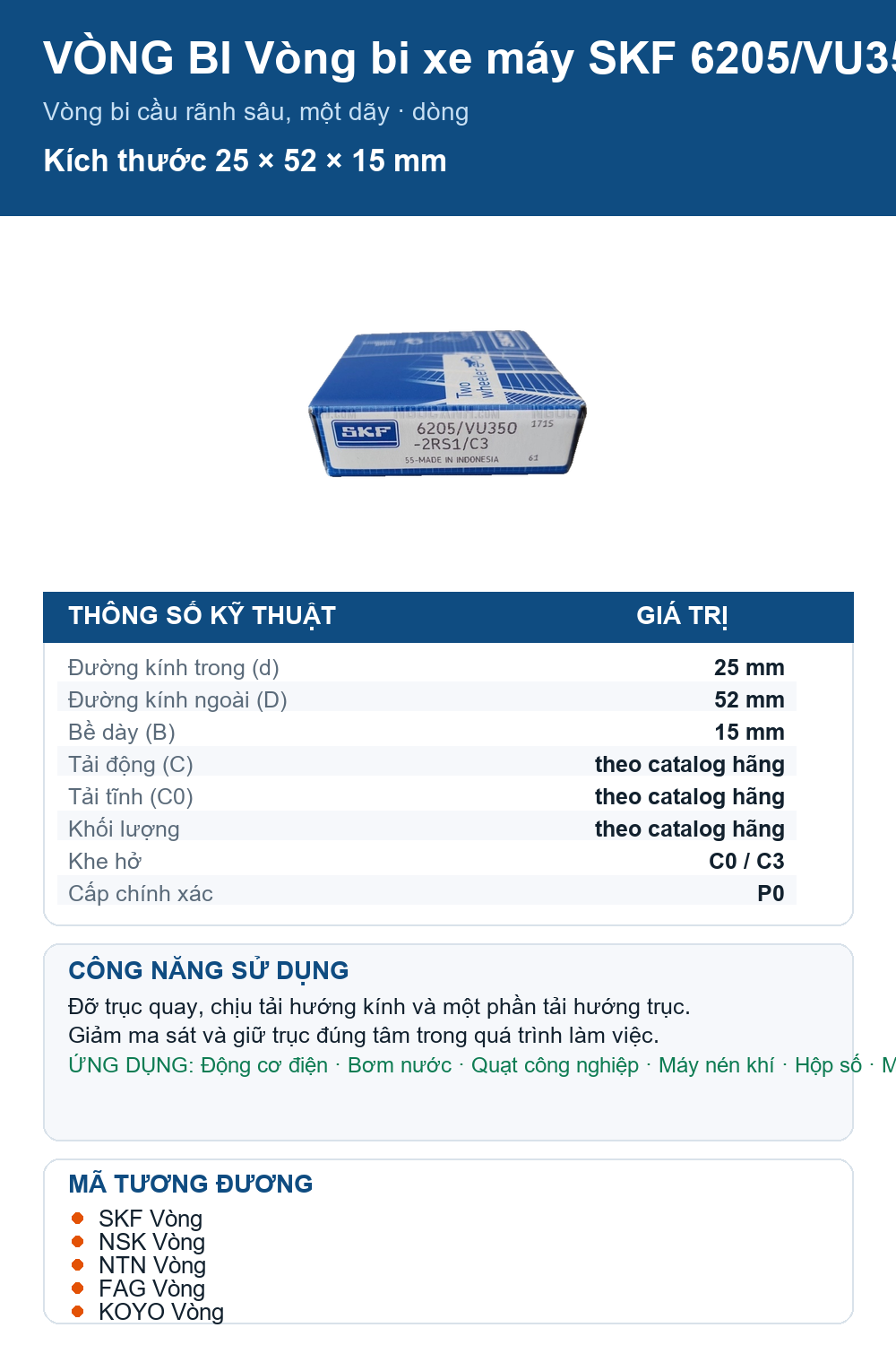 Vòng bi SKF 6205/VU350-2RS1/C3 25x52x15mm — Ảnh thông số (Pinterest)