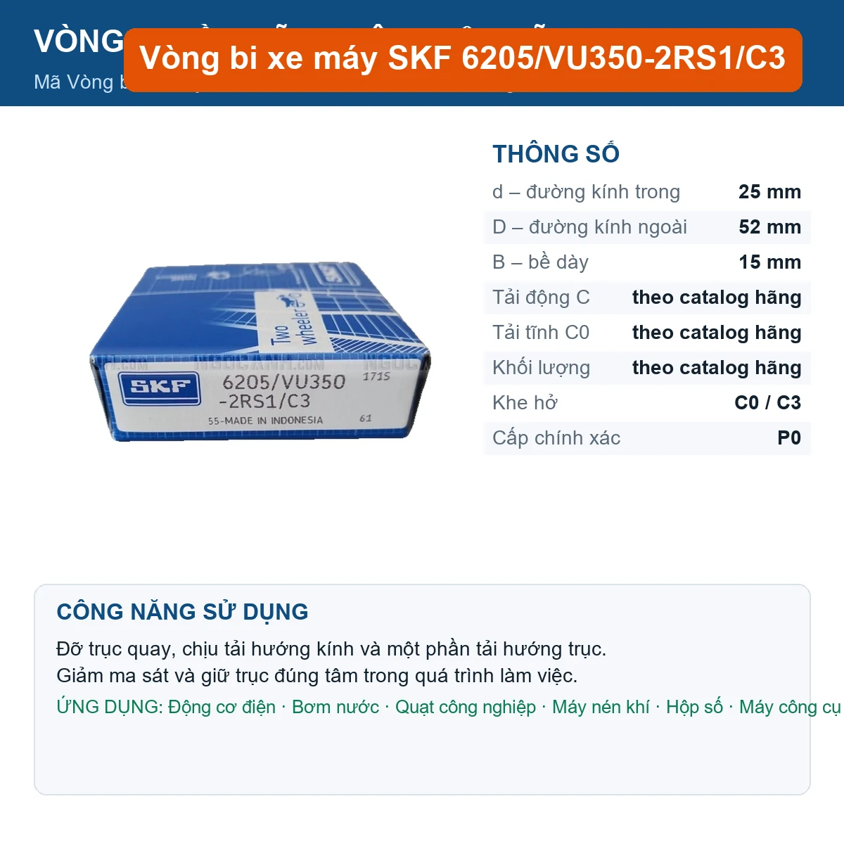 Vòng bi SKF 6205/VU350-2RS1/C3 25x52x15mm — Ảnh đăng sản phẩm (web)