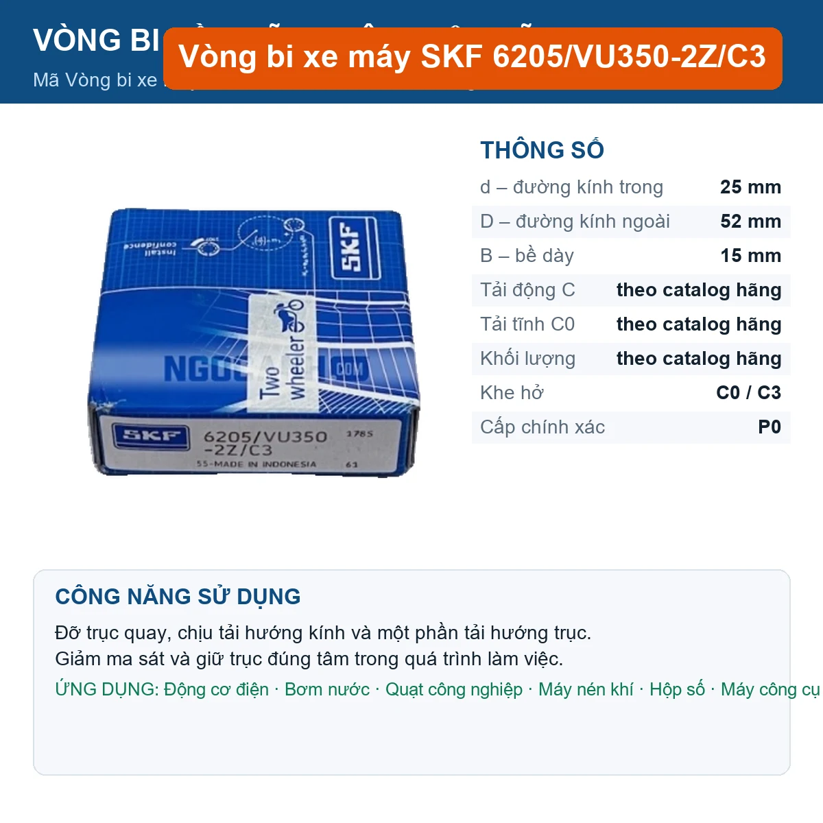 Vòng bi SKF 6205/VU350-2Z/C3 25x52x15mm — Ảnh đăng sản phẩm (web)