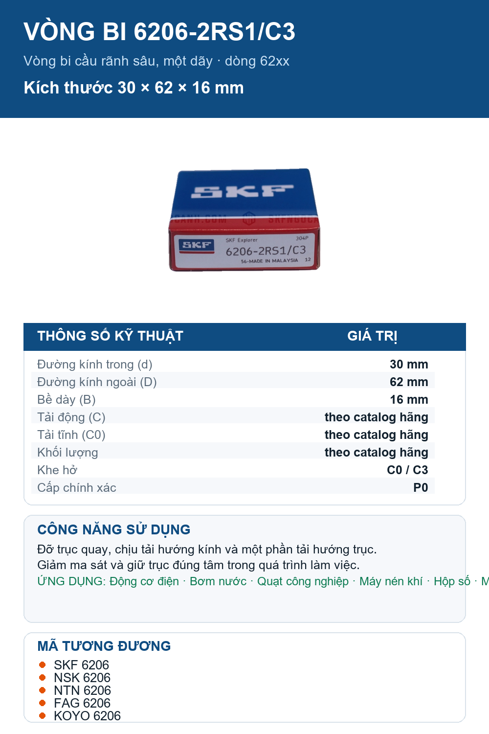 Vòng bi SKF 6206-2RS1/C3 30x62x16mm — Ảnh thông số (Pinterest)