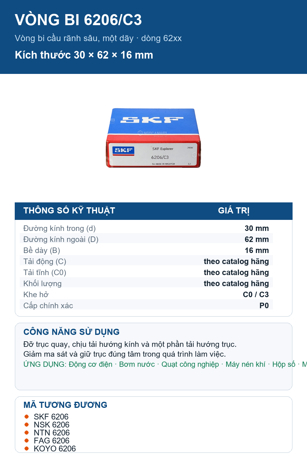 Vòng bi SKF 6206/C3 30x62x16mm — Ảnh thông số (Pinterest)