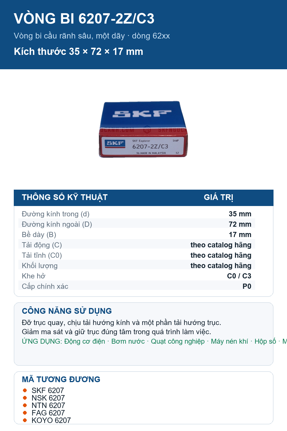 Vòng bi SKF 6207-2Z/C3 35x72x17mm — Ảnh thông số (Pinterest)