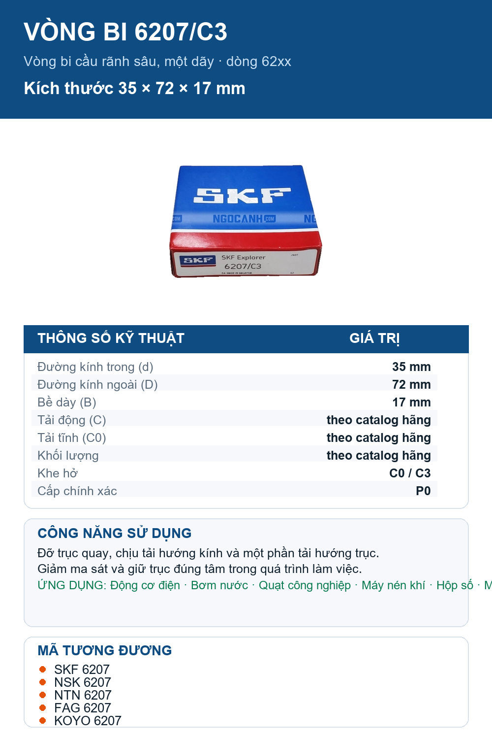 Vòng bi SKF 6207/C3 35x72x17mm — Ảnh thông số (Pinterest)