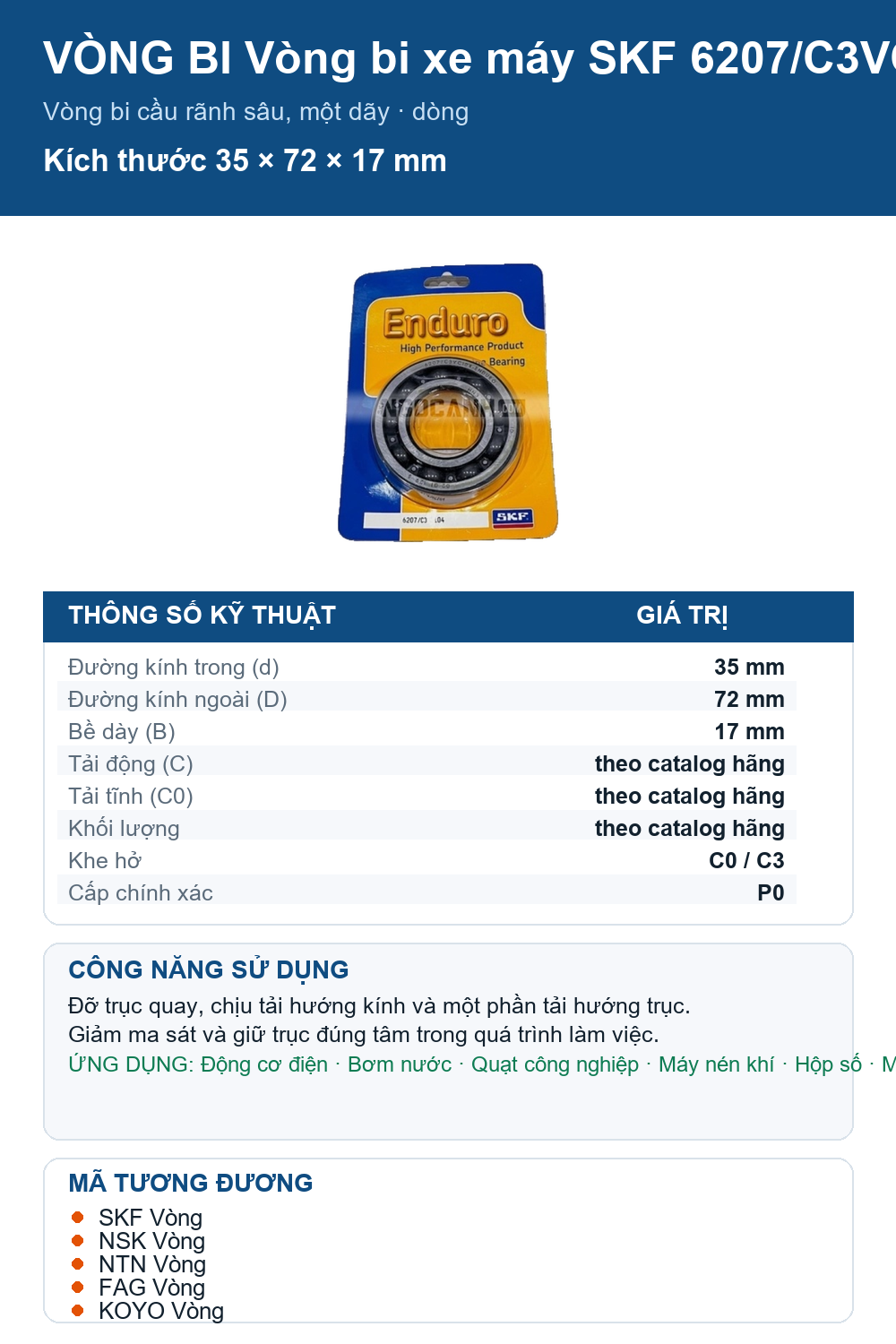 Vòng bi SKF 6207/C3VC104 35x72x17mm — Ảnh thông số (Pinterest)