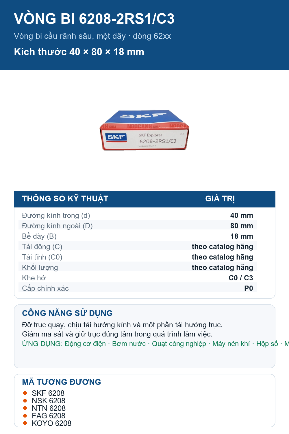 Vòng bi SKF 6208-2RS1/C3 40x80x18mm — Ảnh thông số (Pinterest)