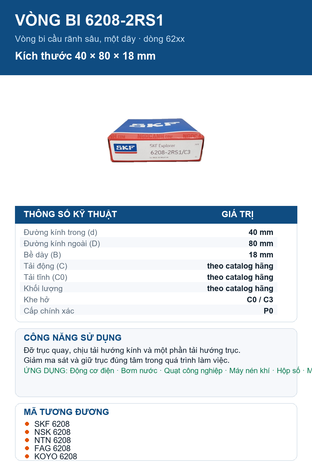 Vòng bi SKF 6208-2RS1 40x80x18mm — Ảnh thông số (Pinterest)