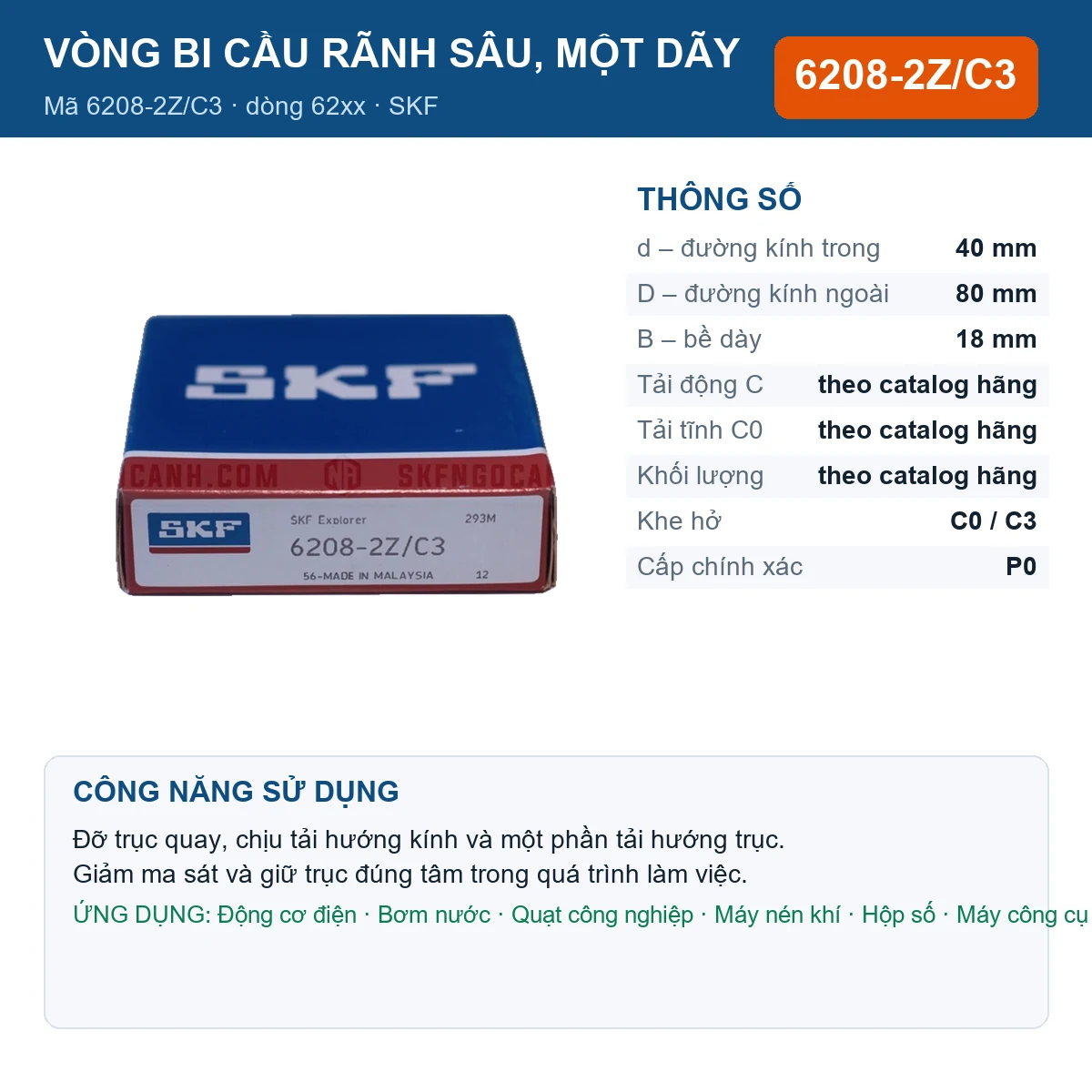 Vòng bi SKF 6208-2Z/C3 — kích thước 40x80x18mm