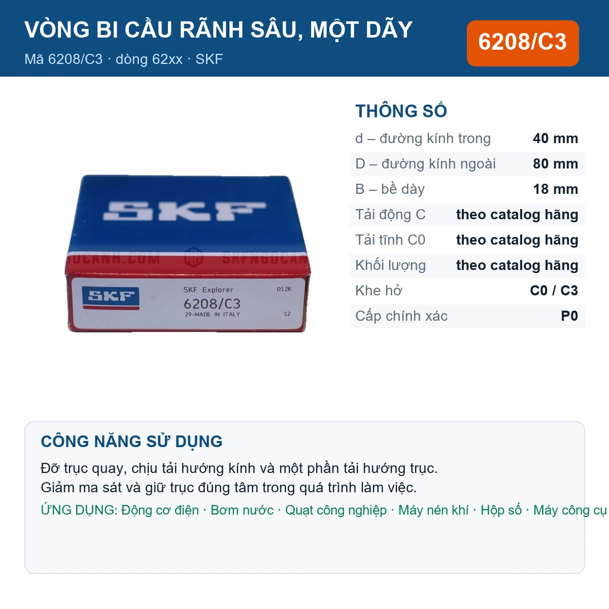 Vòng bi SKF 6208/C3 — kích thước 40x80x18mm