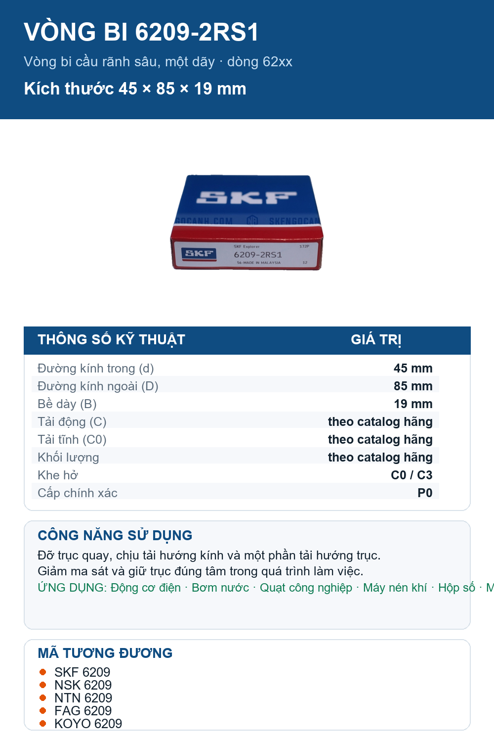 Vòng bi SKF 6209-2RS1 45x85x19mm — Ảnh thông số (Pinterest)