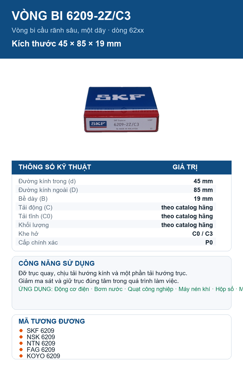 Vòng bi SKF 6209-2Z/C3 45x85x19mm — Ảnh thông số (Pinterest)