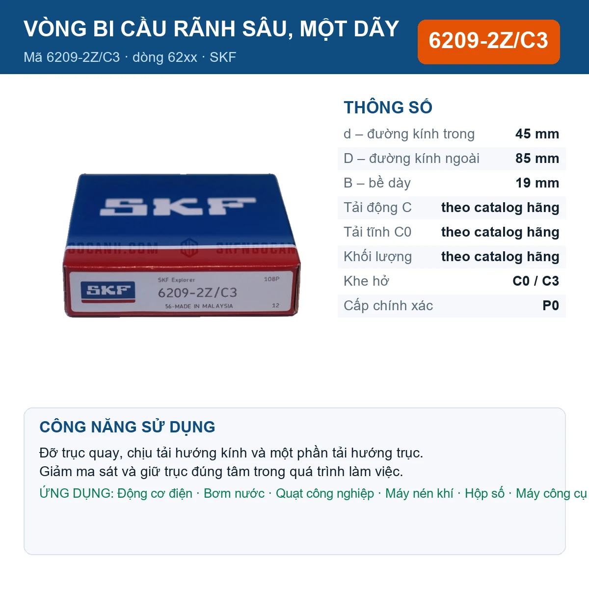 Vòng bi SKF 6209-2Z/C3 — kích thước 45x85x19mm