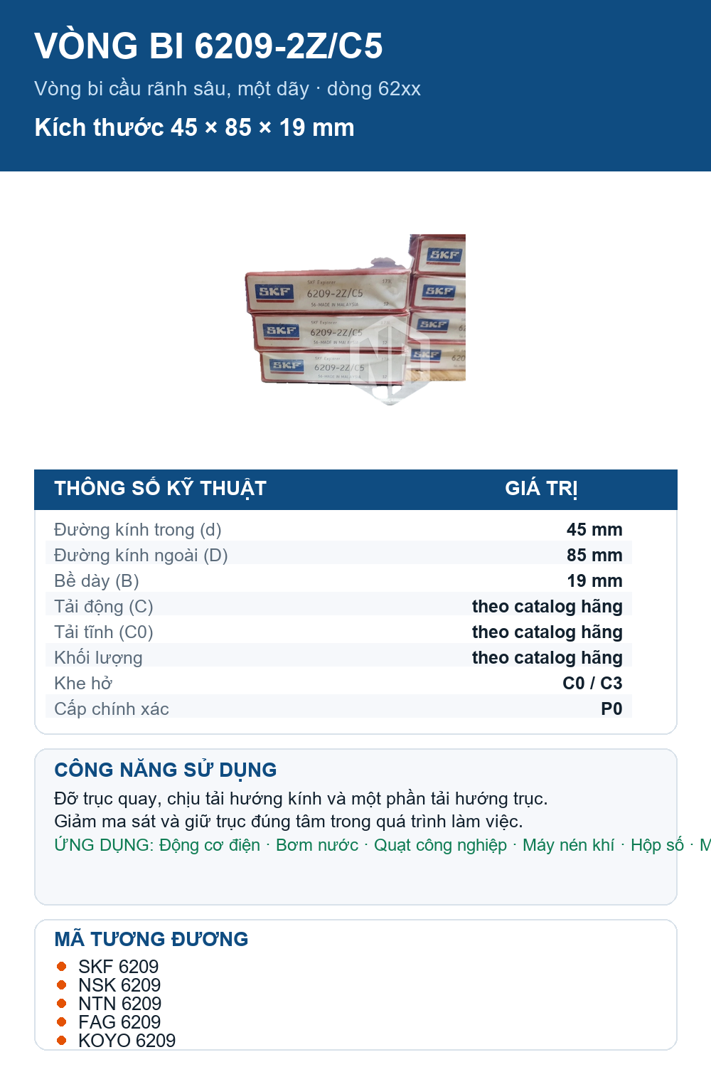 Vòng bi SKF 6209-2Z/C5 45x85x19mm — Ảnh thông số (Pinterest)