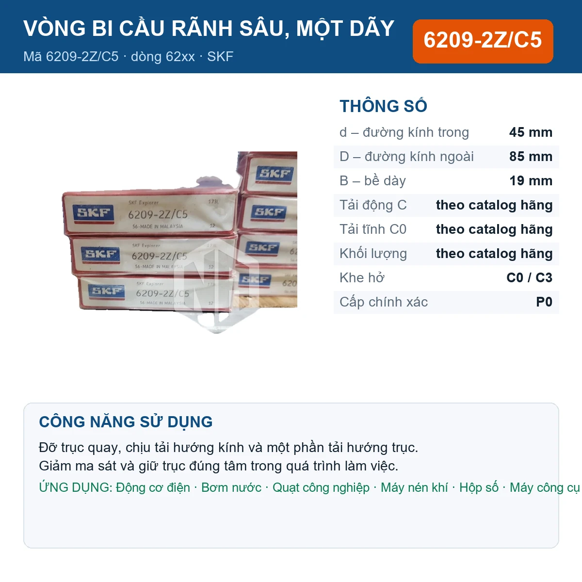 Vòng bi SKF 6209-2Z/C5 — kích thước 45x85x19mm