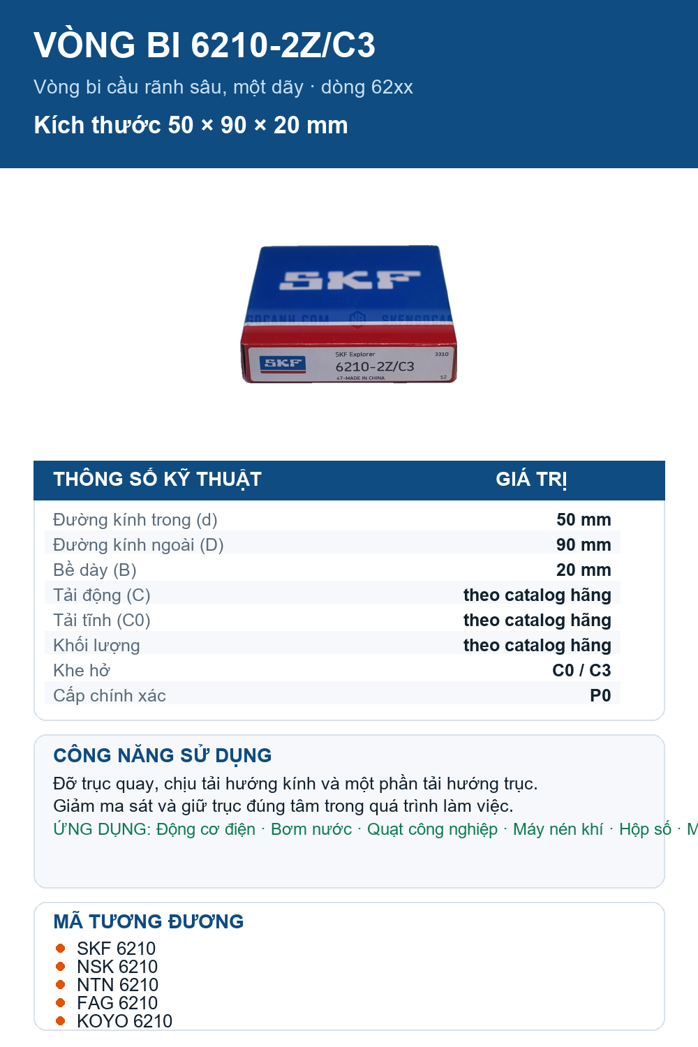 Vòng bi SKF 6210-2Z/C3 50x90x20mm — Ảnh thông số (Pinterest)