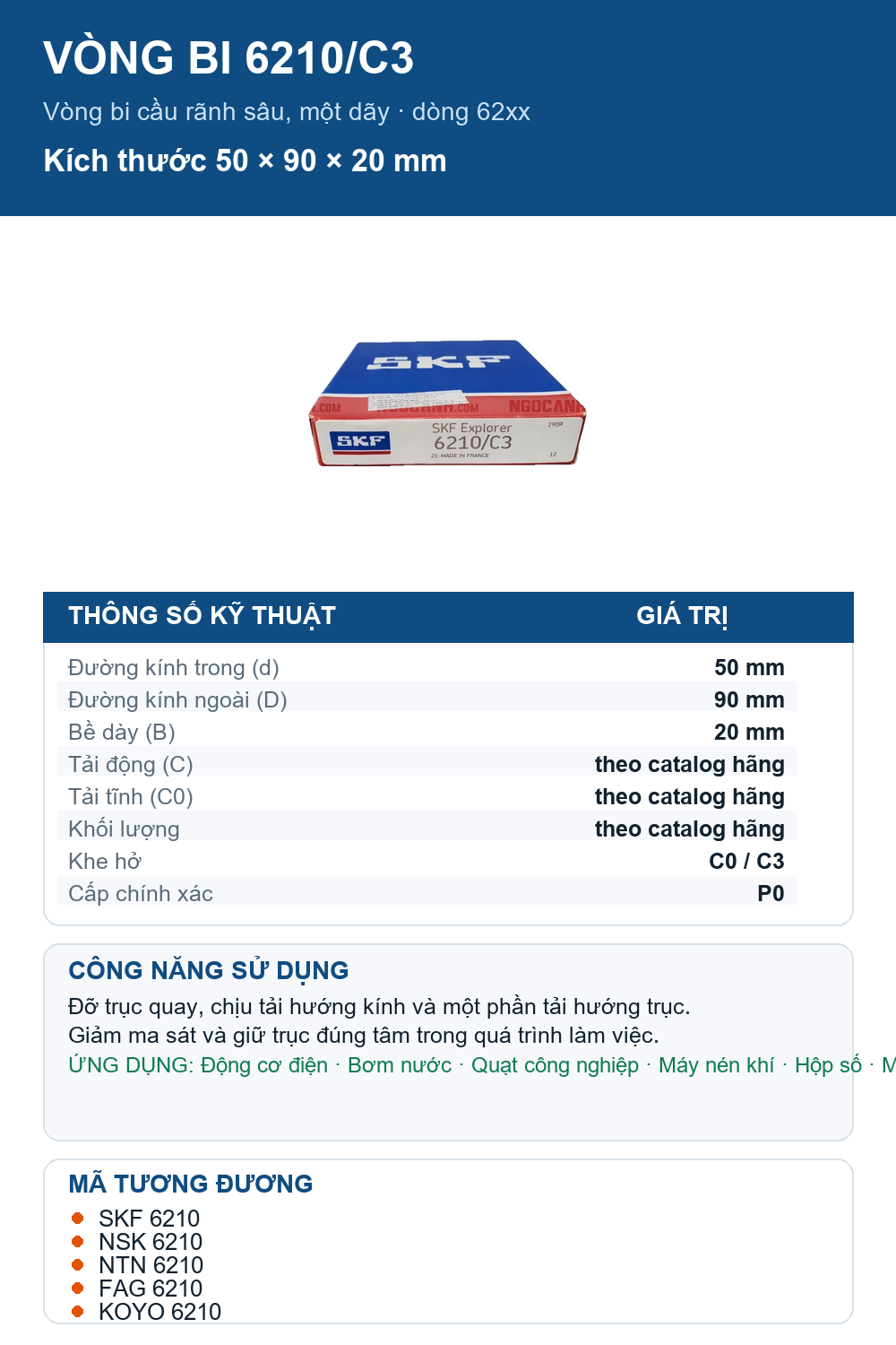 Vòng bi SKF 6210/C3 50x90x20mm — Ảnh thông số (Pinterest)