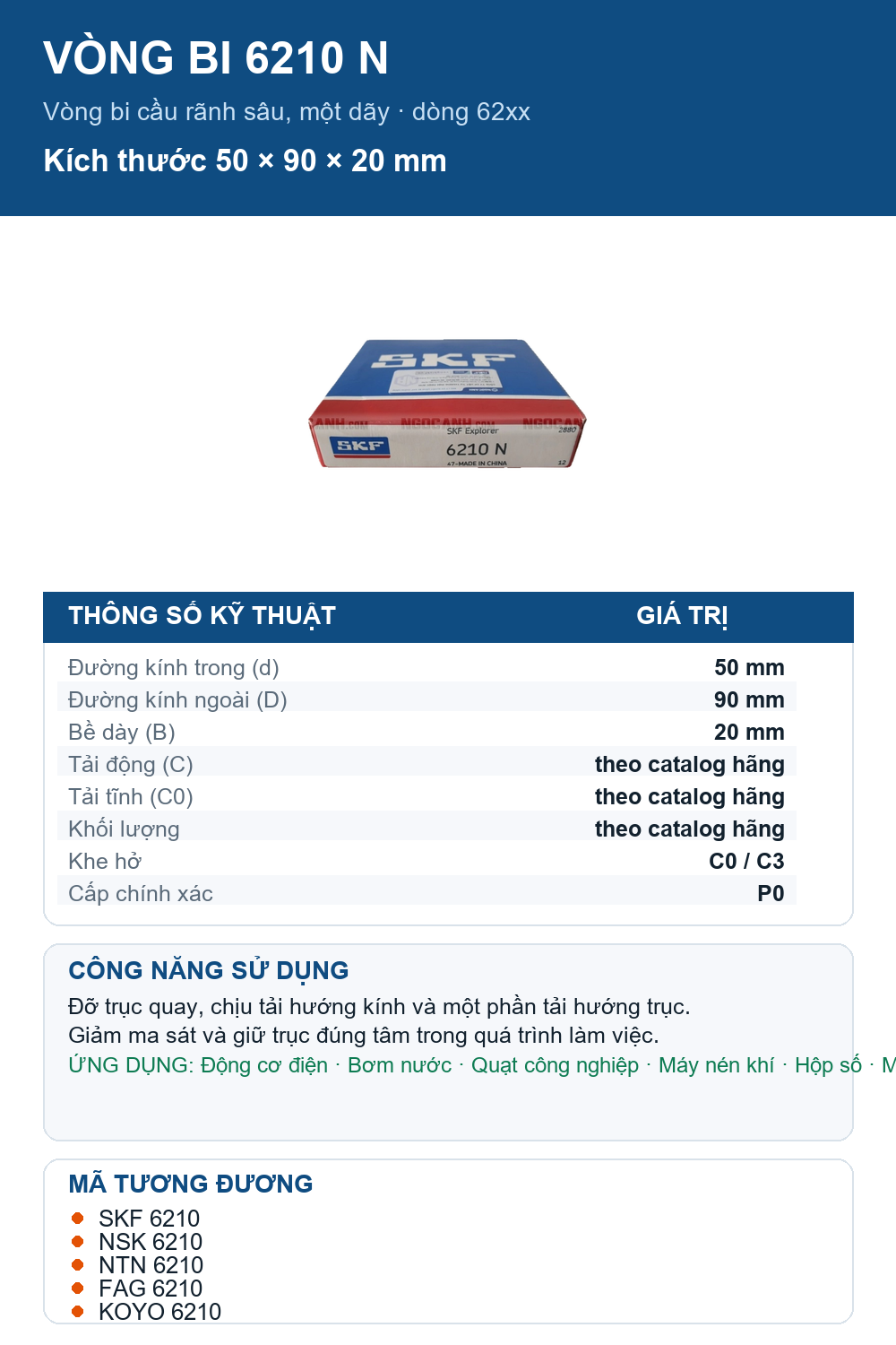 Vòng bi SKF 6210 N 50x90x20mm — Ảnh thông số (Pinterest)
