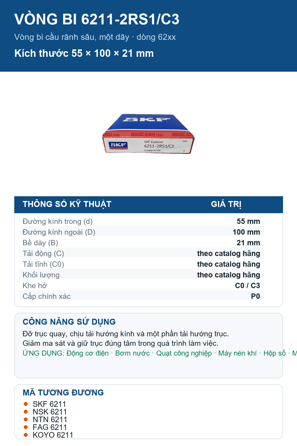 Vòng bi SKF 6211-2RS1/C3 55x100x21mm — Ảnh thông số (Pinterest)