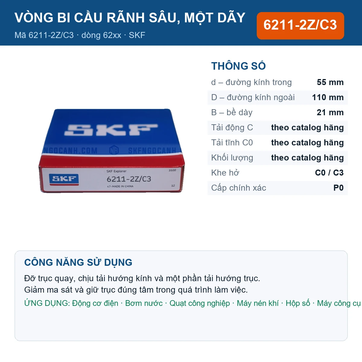 Vòng bi SKF 6211-2Z/C3 — kích thước 55x110x21mm