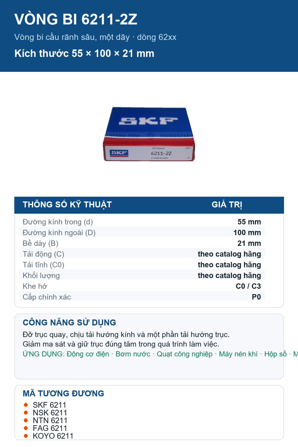 Vòng bi SKF 6211-2Z 55x100x21mm — Ảnh thông số (Pinterest)