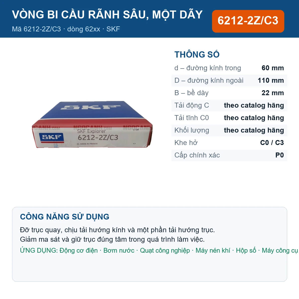 Vòng bi SKF 6212-2Z/C3 — kích thước 60x110x22mm