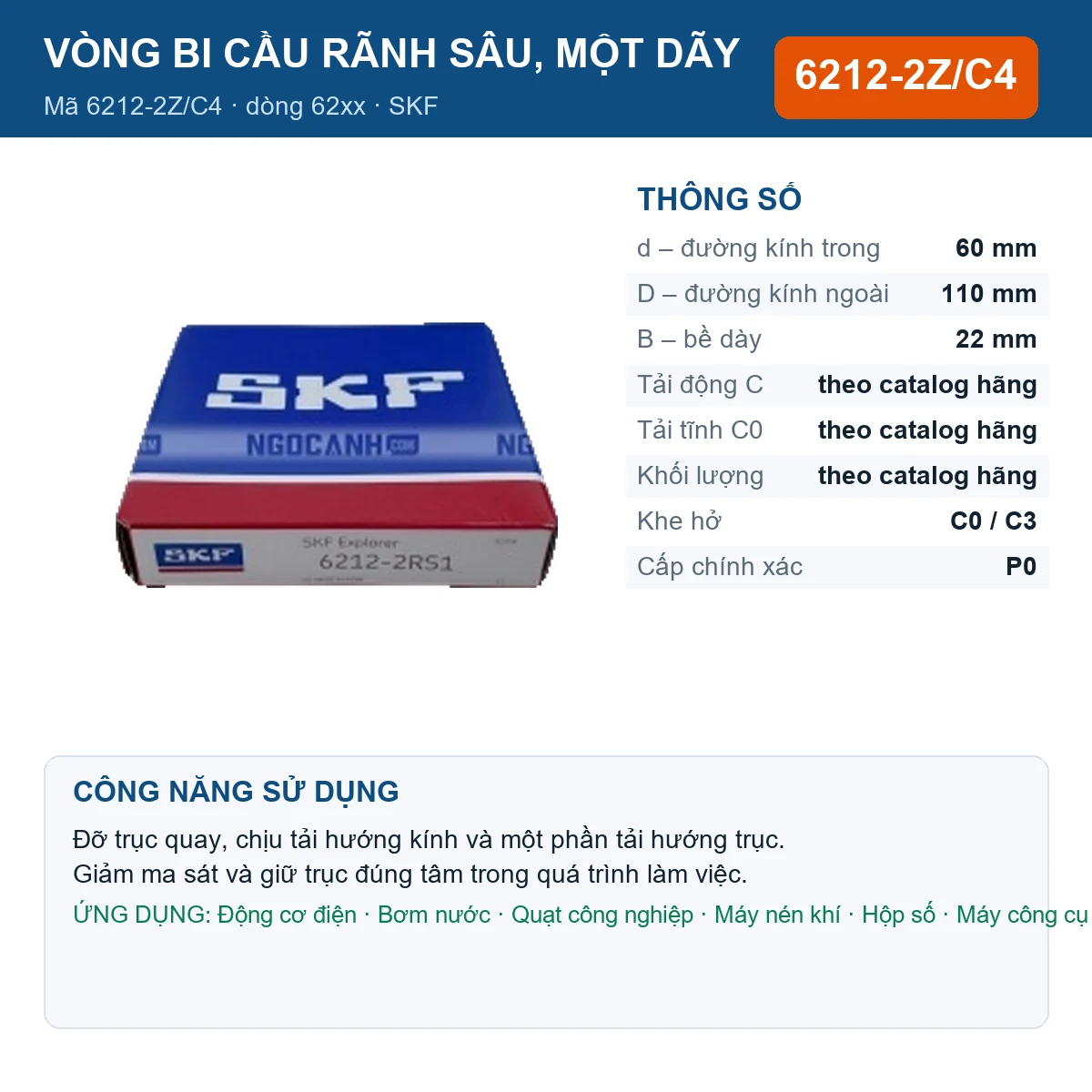 Vòng bi SKF 6212-2Z/C4 — kích thước 60x110x22mm