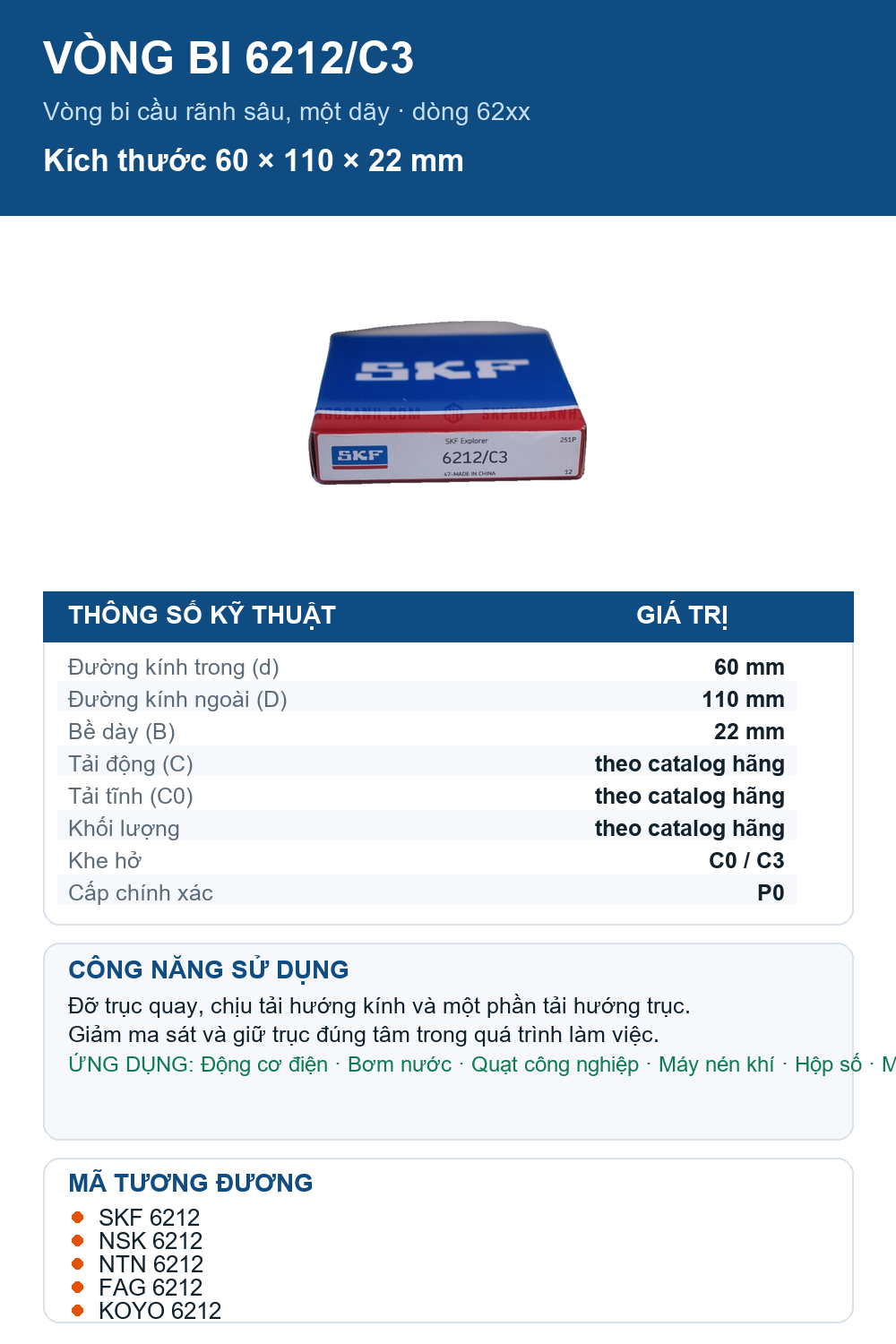 Vòng bi SKF 6212/C3 60x110x22mm — Ảnh thông số (Pinterest)