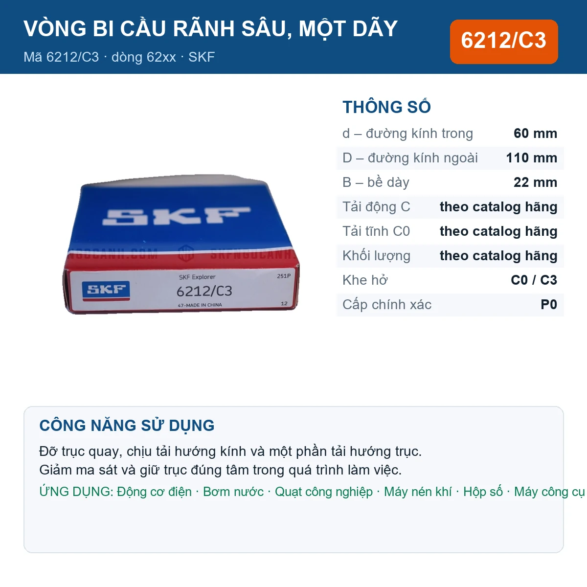 Vòng bi SKF 6212/C3 — kích thước 60x110x22mm