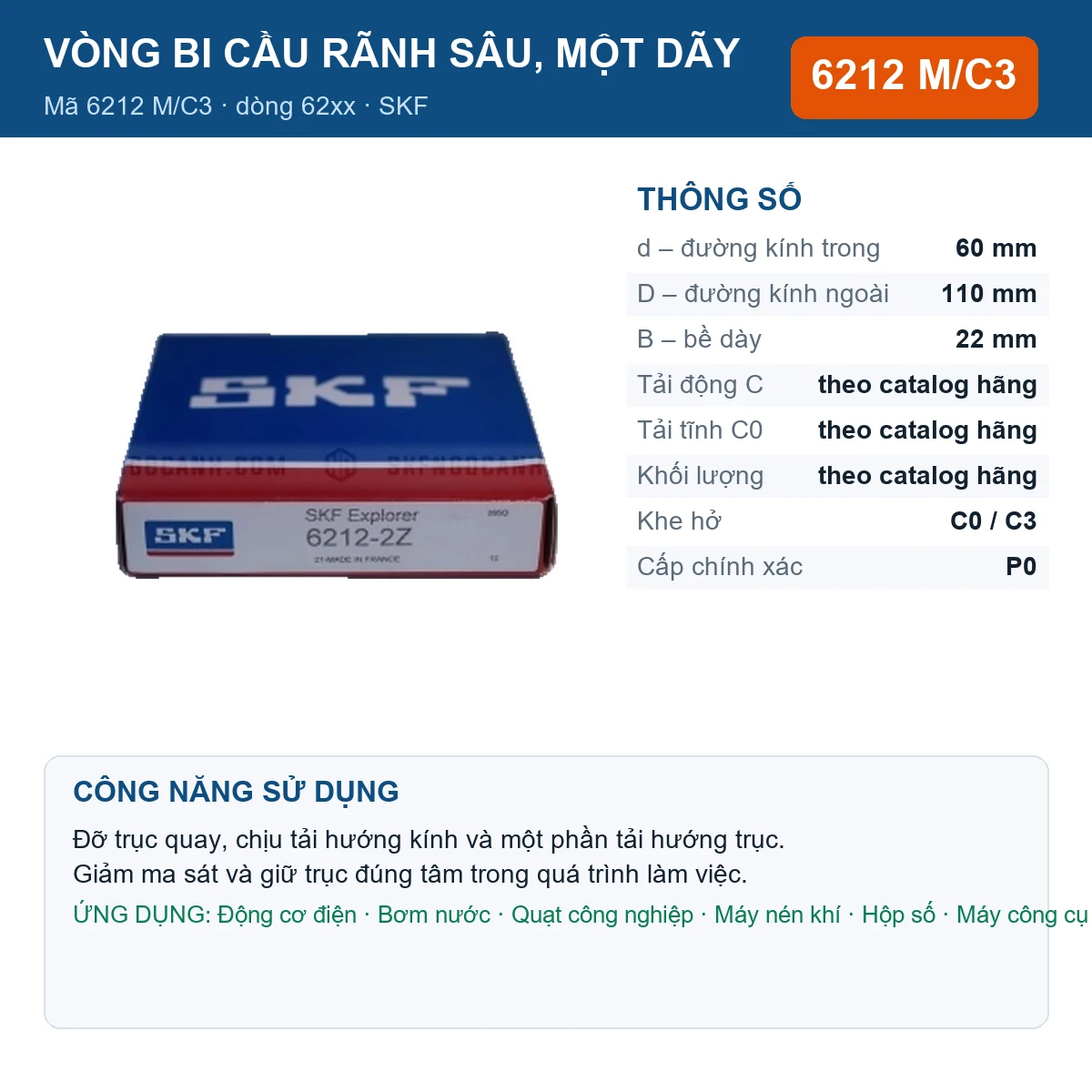 Vòng bi SKF 6212 M/C3 — kích thước 60x110x22mm