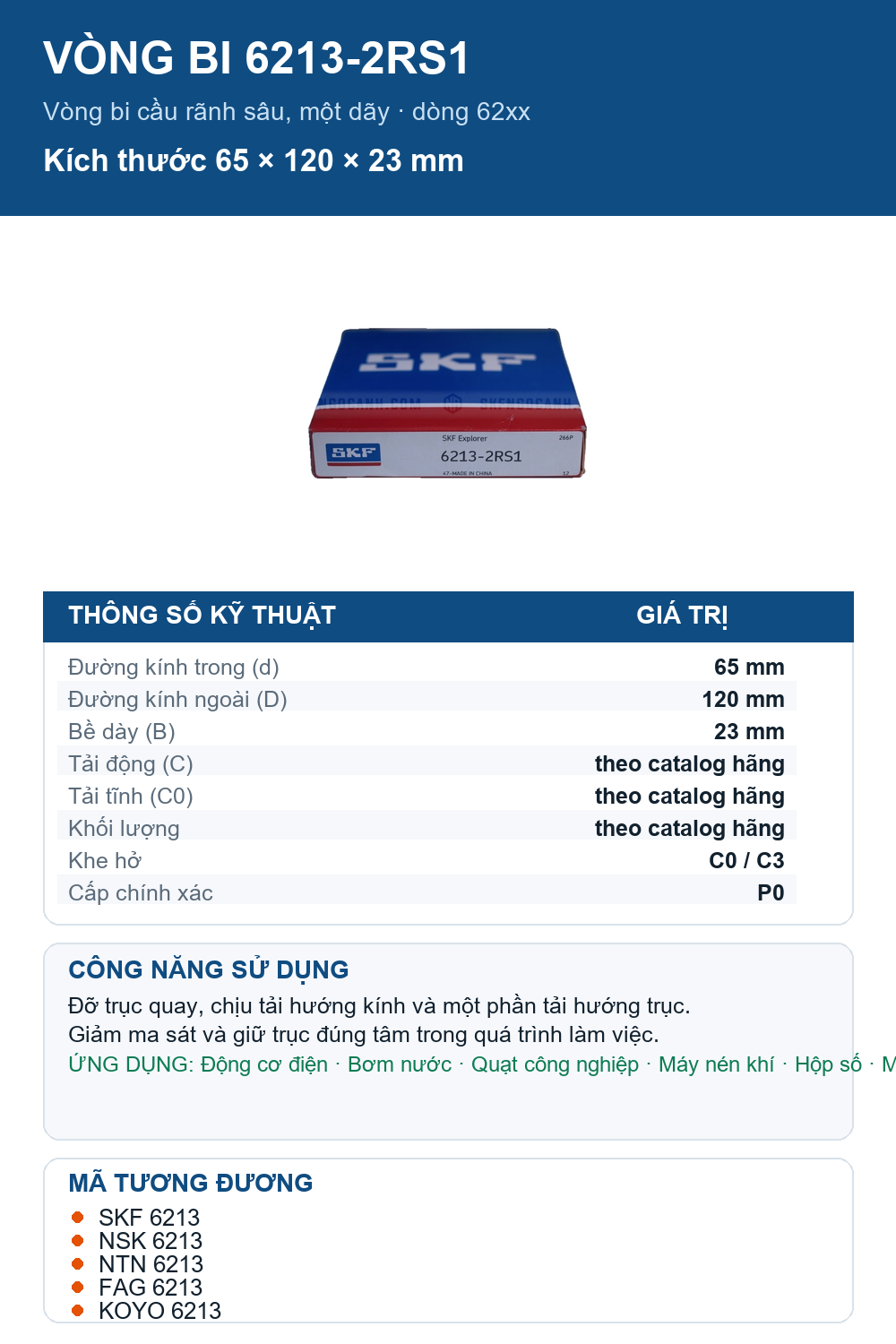 Vòng bi SKF 6213-2RS1 65x120x23mm — Ảnh thông số (Pinterest)
