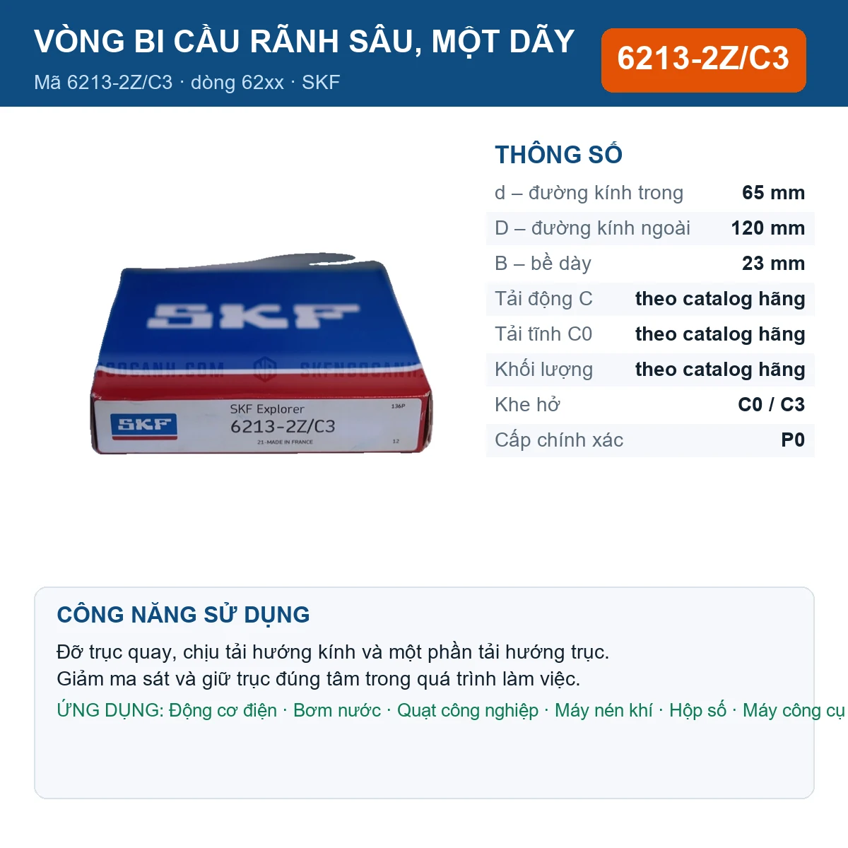 Vòng bi SKF 6213-2Z/C3 — kích thước 65x120x23mm