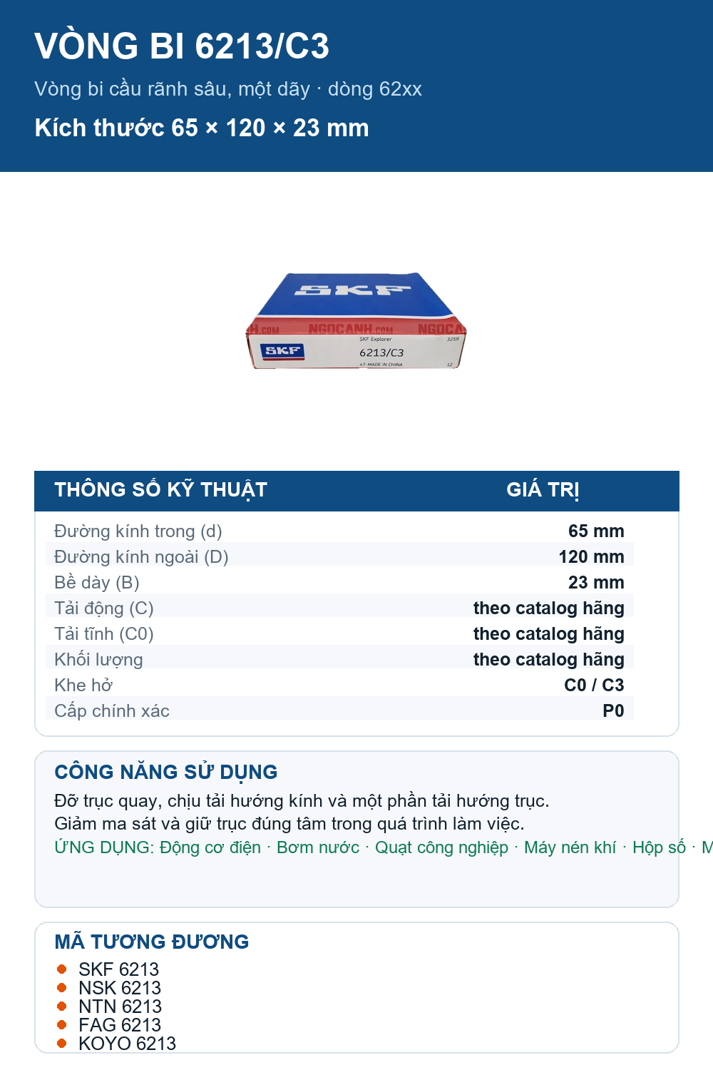 Vòng bi SKF 6213/C3 65x120x23mm — Ảnh thông số (Pinterest)