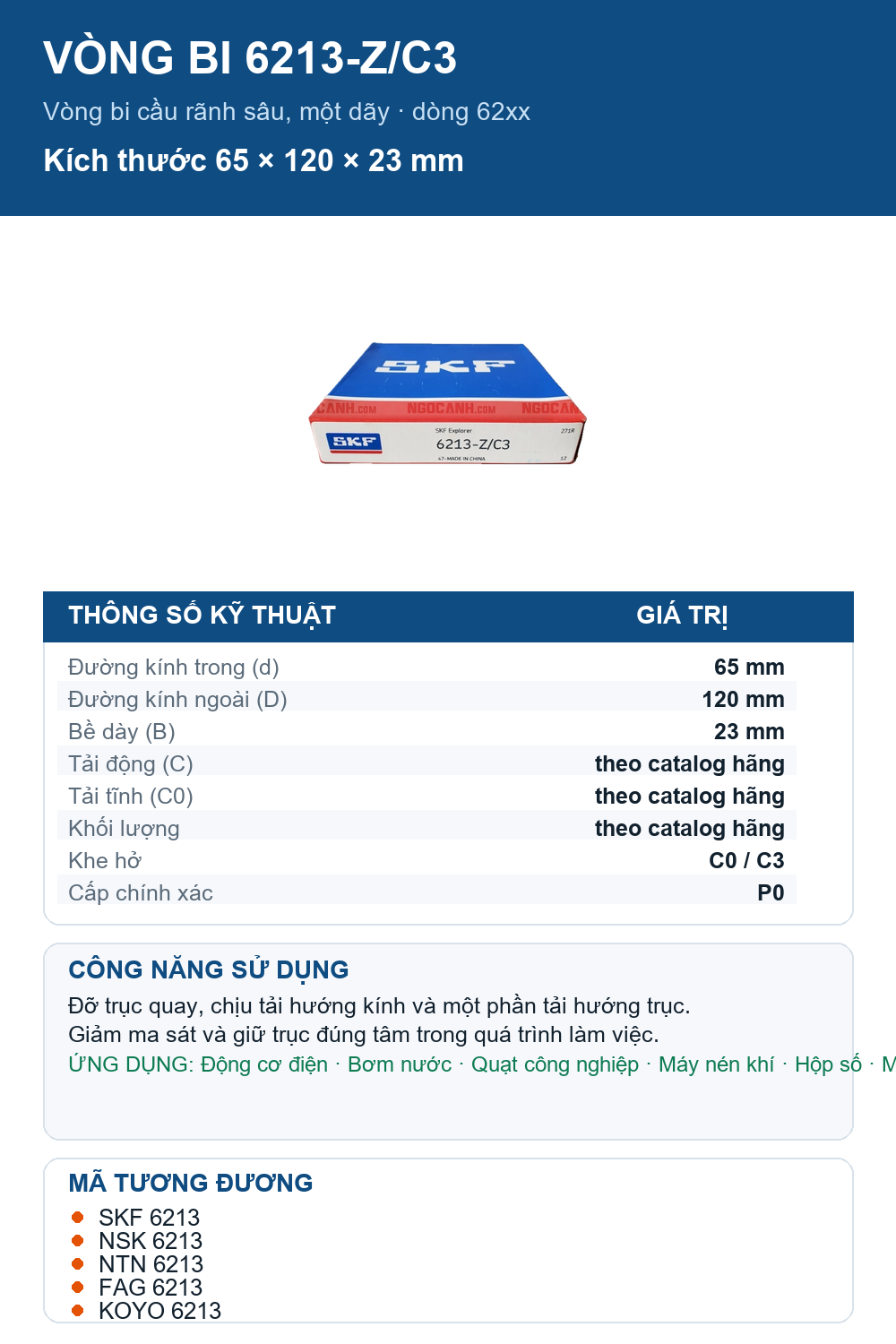 Vòng bi SKF 6213-Z/C3 65x120x23mm — Ảnh thông số (Pinterest)