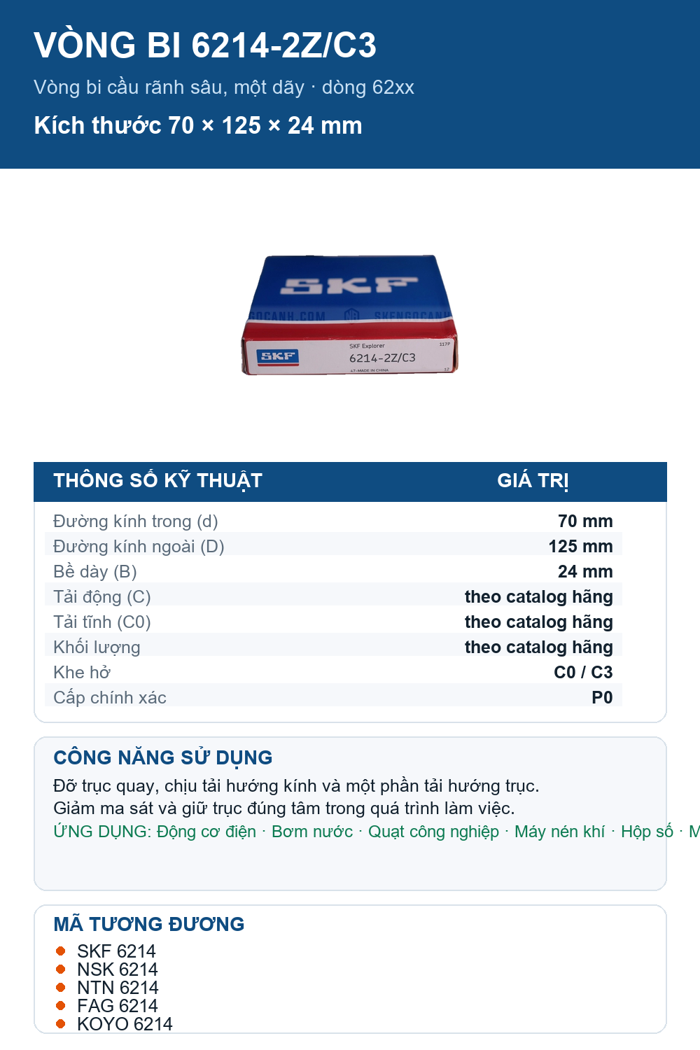 Vòng bi SKF 6214-2Z/C3 70x125x24mm — Ảnh thông số (Pinterest)