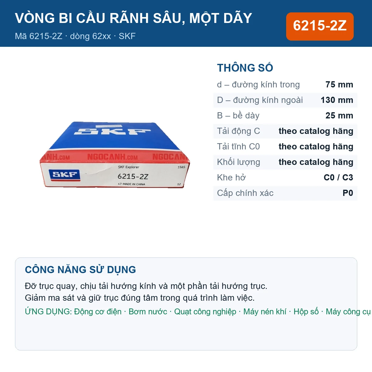 Vòng bi SKF 6215-2Z — kích thước 75x130x25mm