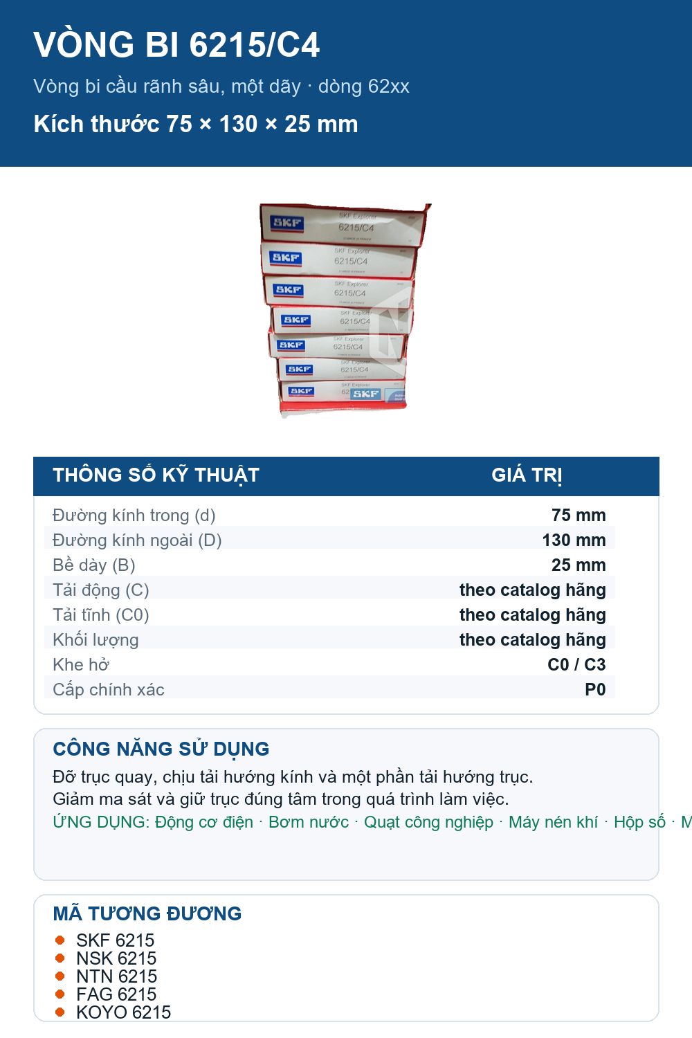 Vòng bi SKF 6215/C4 75x130x25mm — Ảnh thông số (Pinterest)