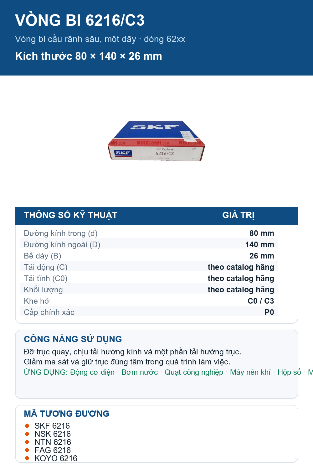 Vòng bi SKF 6216/C3 80x140x26mm — Ảnh thông số (Pinterest)