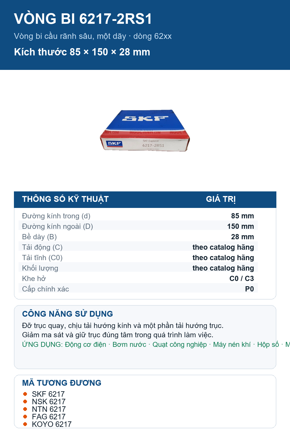 Vòng bi SKF 6217-2RS1 85x150x28mm — Ảnh thông số (Pinterest)