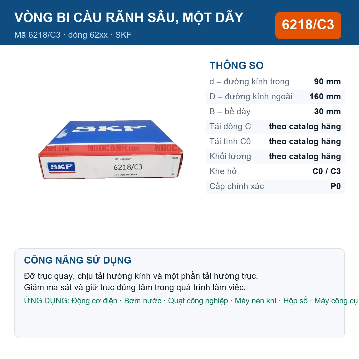 Vòng bi SKF 6218/C3 90x160x30mm — Ảnh đăng sản phẩm (web)