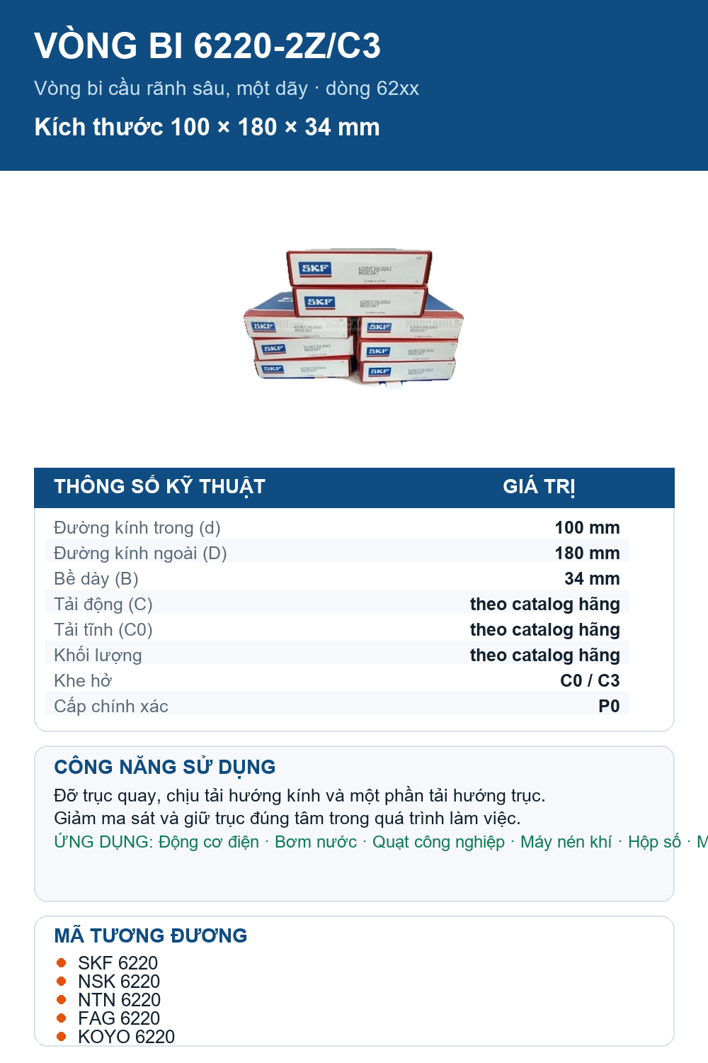 Vòng bi SKF 6220-2Z/C3 100x180x34mm — Ảnh thông số (Pinterest)